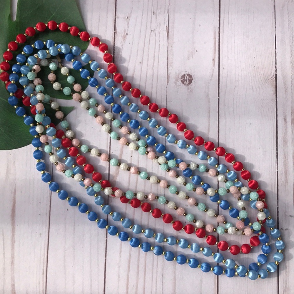 (2) 60's String Art Ocean Blue Beaded Necklace - Picture 5 of 5
